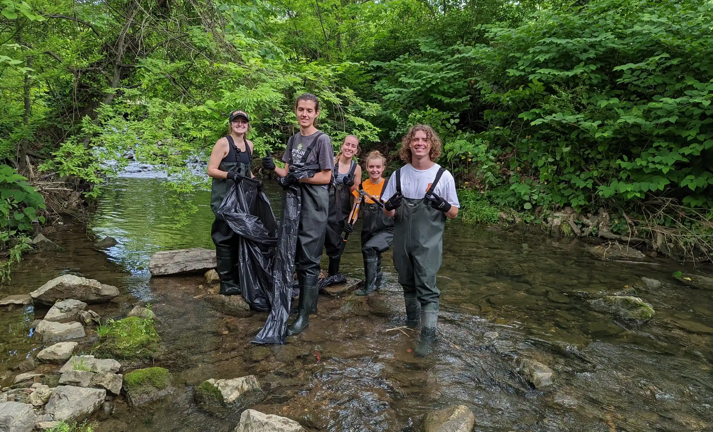 Students in waders in a creek