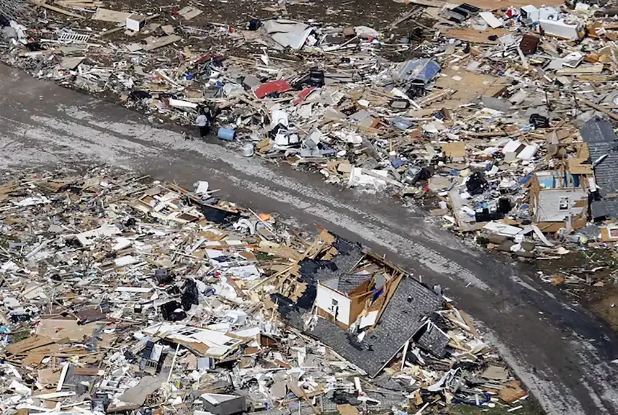 Debris near Lebanon, Tennessee, after tornadoes struck on the night of March 3, 2020, killing more than 20 people across the state. AP Photo/Mark Humphrey