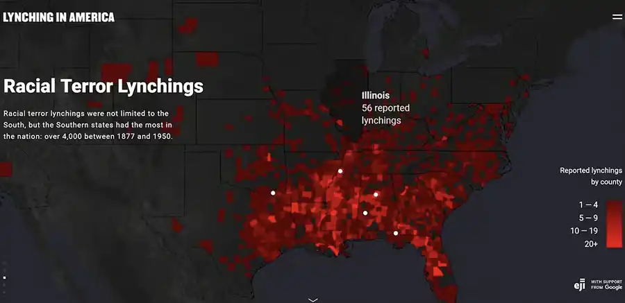 A map entitled "Racial Terror Lynchings" depicting lynchings in America between 1877 and 1950.