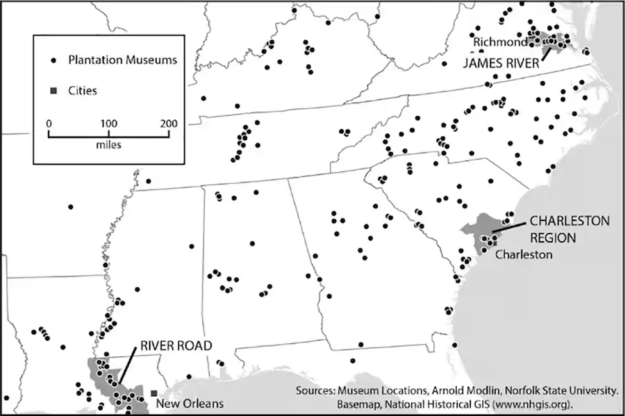 A map that represents the number of slave plantation museums in the American south, image from article in The Conversation
